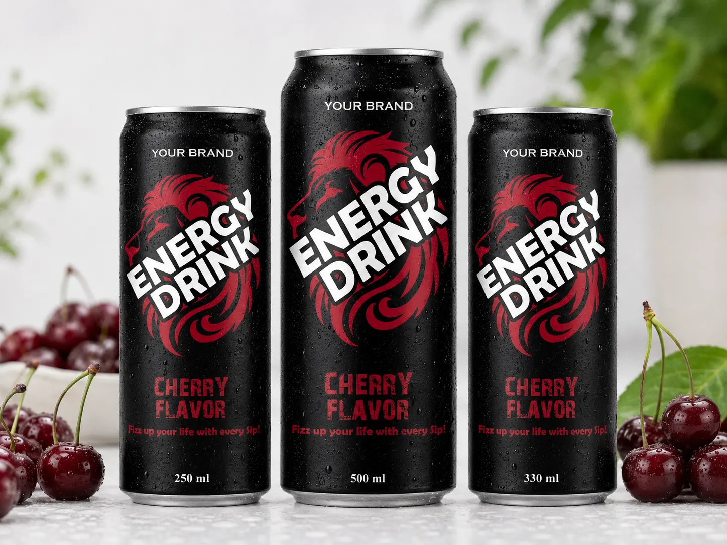 ENERGY DRINK Cherry Flavor 250ml, 500ml and 330ml cans.